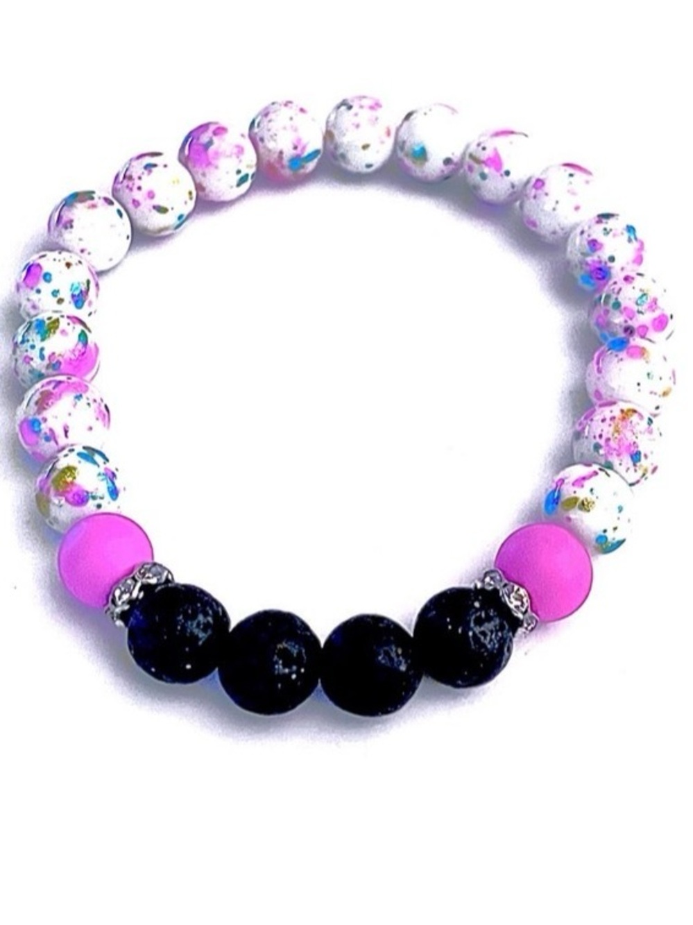 Colorful Speckled Bead Bracelet with Black & Pink Accents